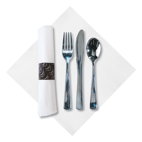 Cubiertos de Mesa de Metal Pesado y Servilleta de Mesa Blanca Hoffmaster® FashnPoint® CaterWrap®, Enrollado Previamente
